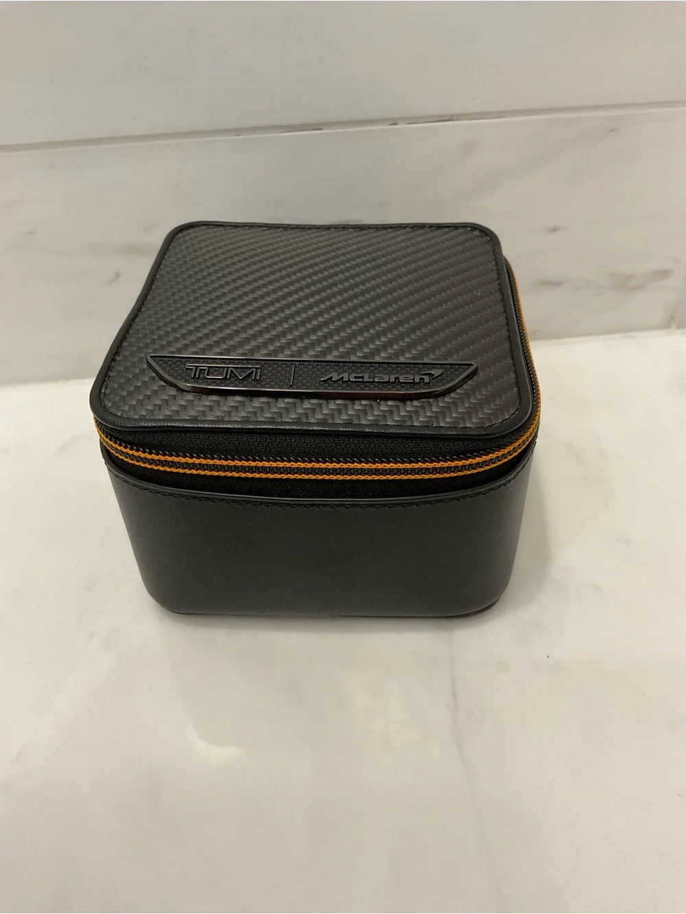 NEW Tumi McLaren 4” Leather Zip Around Watch Jewelry Case Box BLACK CARBON FIBER